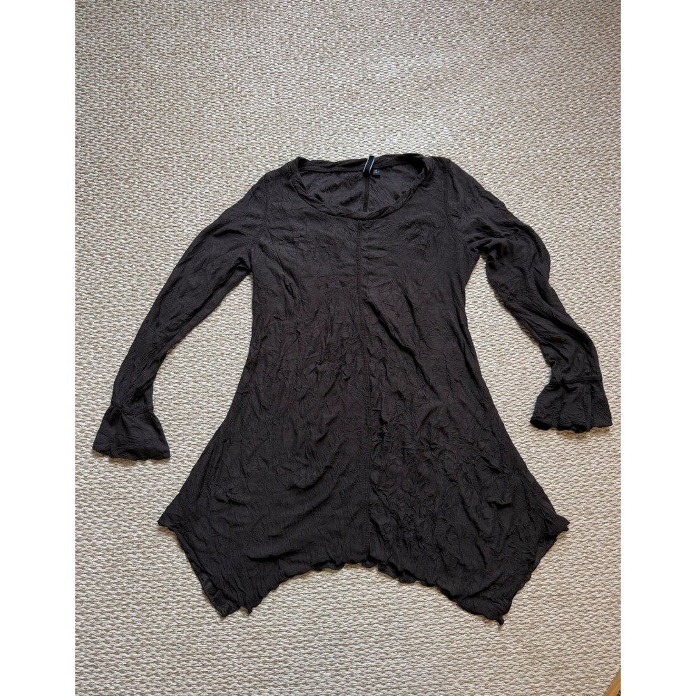 Sno Skins Brown Crinkle Texture Sharkbite Hem Bell‎ Sleeve Tunic Top witchy goth